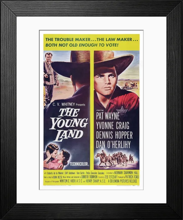 Framed Print : THE YOUNG LAND, poster art, top left: Dennis Hopper, top right: Patrick Wayne, bottom l-r: Patrick Wayne, Yvonne Craig, 1959