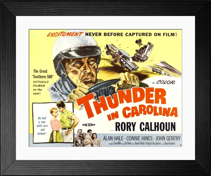 Framed Print : THUNDER IN CAROLINA, top left: Rory Calhoun; inset lower left, from left to right: Connie Hines, Rory Calhoun; at bottom, on left: Alan Hale, Jr. 1960