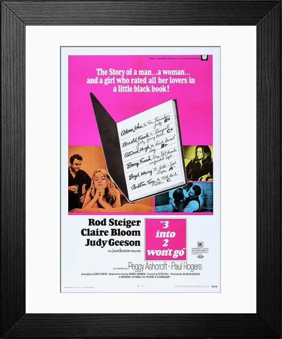 Framed Print : 3 INTO 2 WON'T GO, (aka THREE INTO 2 WON'T GO), l-r: Rod Steiger, Judy Geeson, Claire Bloom on poster art, 1969 Framed Print : 3 INTO 2 WON'T GO, (aka THREE INTO 2 WON'T GO), l-r: Rod Steiger, Judy Geeson, Claire Bloom on poster art, 1969