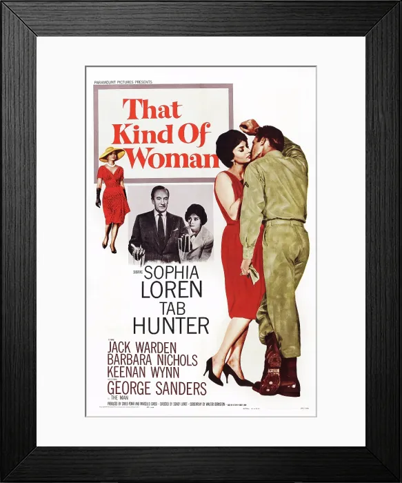 Framed Print : THAT KIND OF WOMAN, US poster, from left: Sophia Loren, George Sanders, Sophia Loren (twice), Tab Hunter, 1959