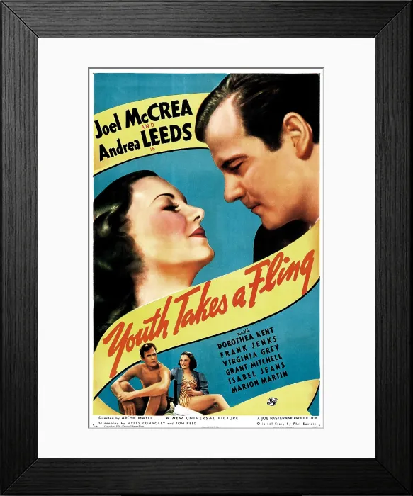 Framed Print : YOUTH TAKES A FLING, US poster art, top from left: Andrea Leeds, Joel McCrea; bottom from left: Joel McCrea, Andrea Leeds, 1938