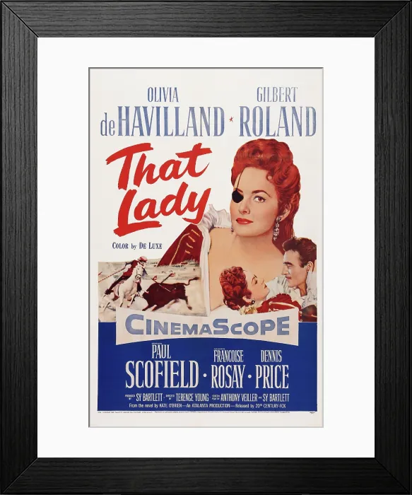 Framed Print : THAT LADY, US poster art, from left: Olivia de Havilland, Gilbert Roland, 1955. TM & Copyright 20th Century Fox Film Corp. All rights reserved / courtesy Everett Collection