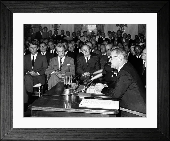 Framed Print : LYNDON JOHNSON (2nd from right), speaking to the Nation before signing the Civil Rights Bill; Robert Kennedy, Everett M. Dirkson, Hubert Humphrey, George Meany, (Johnson), Rev