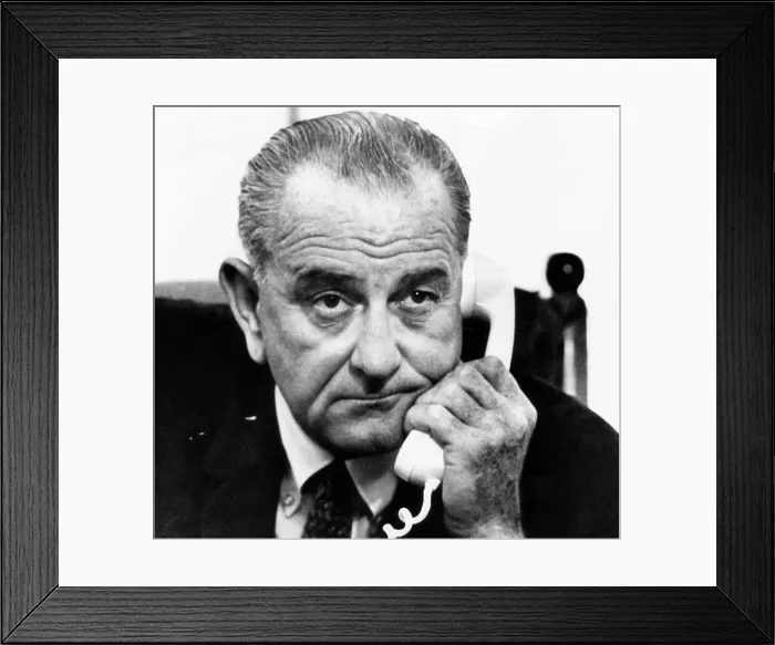 Framed Print : President Lyndon B. Johnson on the phone in the White House with Dr. William Pickering receiving a report about the Mariner-4 space mission. July 15, 1965 Framed Print : President Lyndon B. Johnson on the phone in the White House with Dr. William Pickering receiving a report about the Mariner-4 space mission. July 15, 1965