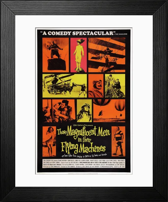 Framed Print : THOSE MAGNIFICENT MEN IN THEIR FLYING MACHINES, US poster art, center with moustache: Terry-Thomas; second row from bottom, first and center insets: Sarah Miles