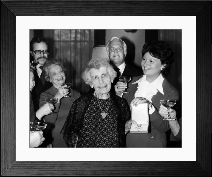 Framed Print : Psychologist Anna Freud (center), daughter of Sigmund Freud, after she was being presented the Grand Decoration of Honor in Gold for her services to Austria. London, England