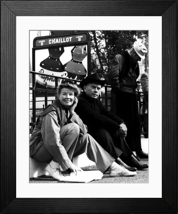 Framed Print : Katharine Hepburn, Yul Brynner and Danny Kaye on the set of'THE MAD WOMAN OF CHAILLOT, Nice, France. 1968. Courtesy CSU Archives / Everett Collection