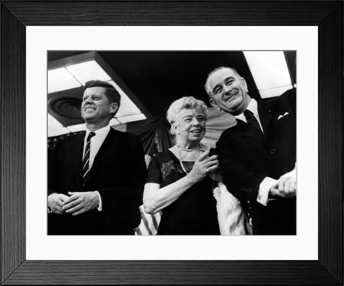 Framed Print : Presidential Candidate John F. Kennedy, Eleanor Roosevelt, and Vice Presidential candidate Lyndon B. Johnson at a rally in New York. November 5, 1960