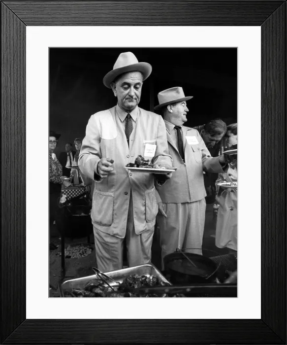 Framed Print : President Lyndon B. Johnson and Vice President Hubert Humphrey at a barbecue victory celebration at the LBJ ranch. November 4, 1964. Courtesy: CSU Archives / Everett Collection
