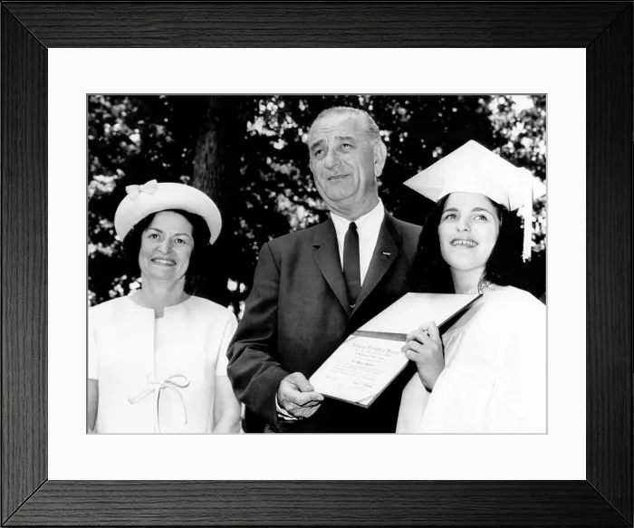 Framed Print : Mrs. Lady Bird Johnson, President Johnson, and daughter Luci following her graduation from National Cathedral School for Girls June 1, 1965