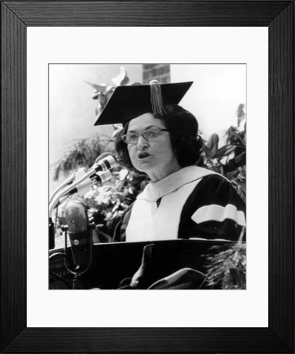 Framed Print : Lady Bird Johnson, fulfilling a pledge made by her late husband, addresses commencement ceremonies at the University of Virginia. June 3, 1973