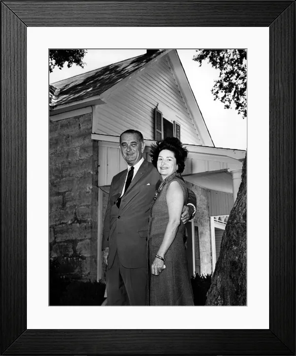 Framed Print : President Lyndon B. Johnson and his wife Lady Bird Johnson pose casualy for press photographers at their home in Johnson City, Texas. July 1964 Framed Print : President Lyndon B. Johnson and his wife Lady Bird Johnson pose casualy for press photographers at their home in Johnson City, Texas. July 1964