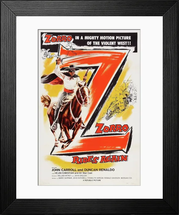 Framed Print : ZORRO RIDES AGAIN, John Carroll on poster art, 1937 Framed Print : ZORRO RIDES AGAIN, John Carroll on poster art, 1937