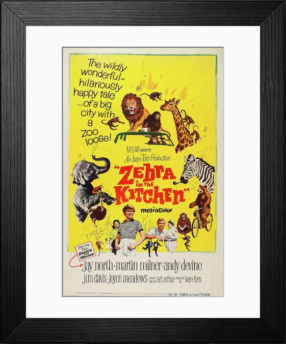 Framed Print : ZEBRA IN THE KITCHEN, bottom l-r: Karen Green, Jay North, Martin Milner, Andy Devine on poster art, 1965