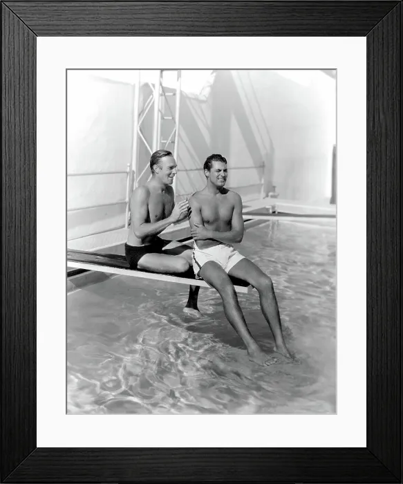 Framed Print : RANDOLPH SCOTT and CARY GRANT poolside at their Santa Monica beach front house, 1935