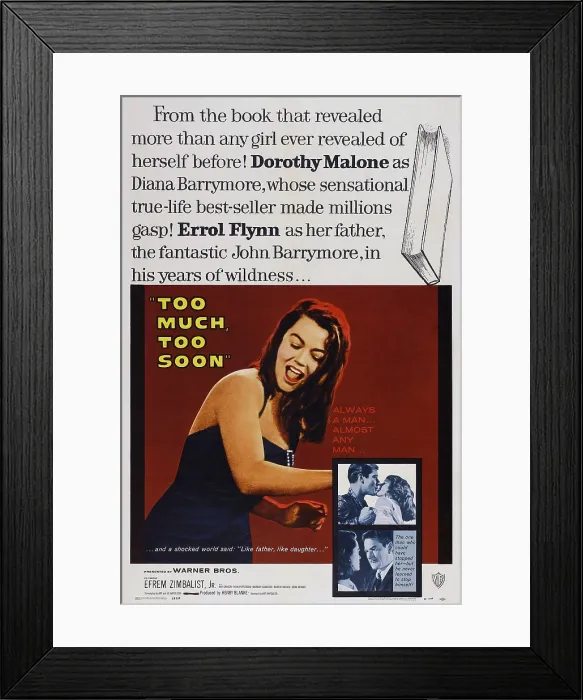 Framed Print : TOO MUCH, TOO SOON, US poster art, Dorothy Malone, Errol Flynn, 1958