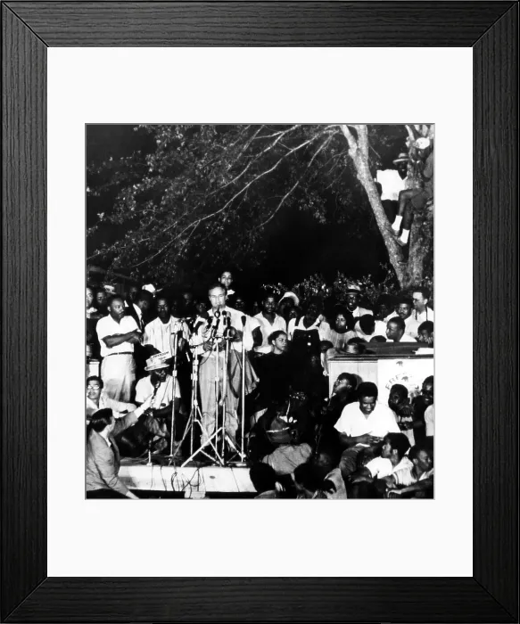 Framed Print : Marlon Brando speaks to civil rights marchers in Tougaloo, Mississippi. Martin Luther King Jr. (left) looks on, 1966. Courtesy: CSU Archives / Everett Collection