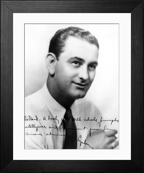 Framed Print : A portrait of Lyndon B. Johnson autographed to his wife Lady Bird. ca. 1940s. Courtesy: CSU Archives / Everett Collection Framed Print : A portrait of Lyndon B. Johnson autographed to his wife Lady Bird. ca. 1940s. Courtesy: CSU Archives / Everett Collection