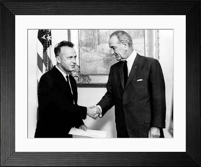 Framed Print : President Lyndon Johnson (right), meeting the new Israeli ambassador to the U.S. Yitzhak Rabin, Washington D.C. March 5, 1968.. Courtesy: CSU Archives  /  Everett Collection