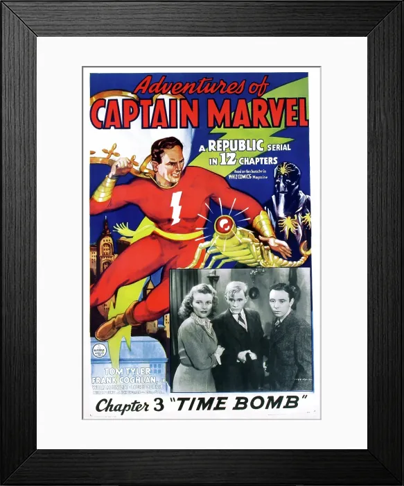 Framed Print : THE ADVENTURES OF CAPTAIN MARVEL, Chapter 3: Time Bomb, center: Tom Tyler, inset photo from left: Louise Currie, William Benedict, Frank Coghlan, Jr. 1941