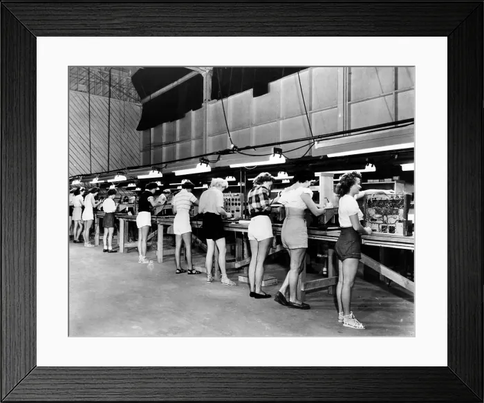 Framed Print : Women at Bardwell & McAlister Electronic Plant in Burbank work in shorts during a heat wave, 1951. Courtesy: CSU Archives / Everett Collection