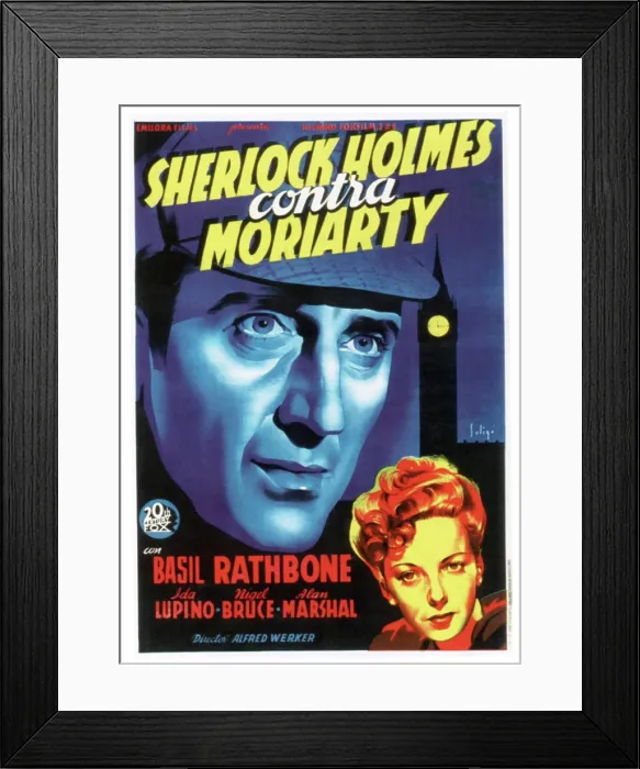 Framed Print : THE ADVENTURES OF SHERLOCK HOLMES, (aka SHERLOCK HOLMES CONTRA MORIARTY), from left: Basil Rathbone, Ida Lupino on Spanish poster art, 1939