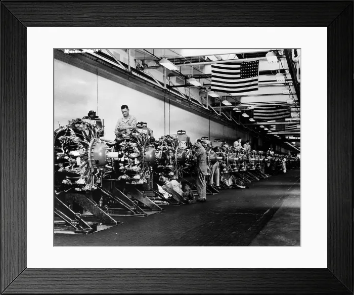 Framed Print : Men prepare engines for the B-24 Liberator bomber airplane at a Buick plant, 1943. Courtesy: CSU Archives / Everett Collection
