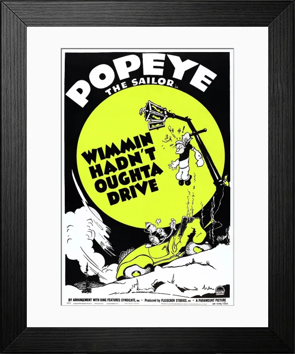 Framed Print : WIMMIN HADN'T OUGHTA DRIVE, l-r: Olive Oyl, Popeye on poster art, 1940 Framed Print : WIMMIN HADN'T OUGHTA DRIVE, l-r: Olive Oyl, Popeye on poster art, 1940