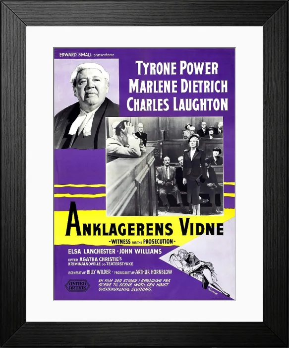 Framed Print : WITNESS FOR THE PROSECUTION, (aka ANKLAGERENS VIDNE), Danish poster, Charles Laughton (top left), Marlene Dietrich (standing in photo), 1957 Framed Print : WITNESS FOR THE PROSECUTION, (aka ANKLAGERENS VIDNE), Danish poster, Charles Laughton (top left), Marlene Dietrich (standing in photo), 1957