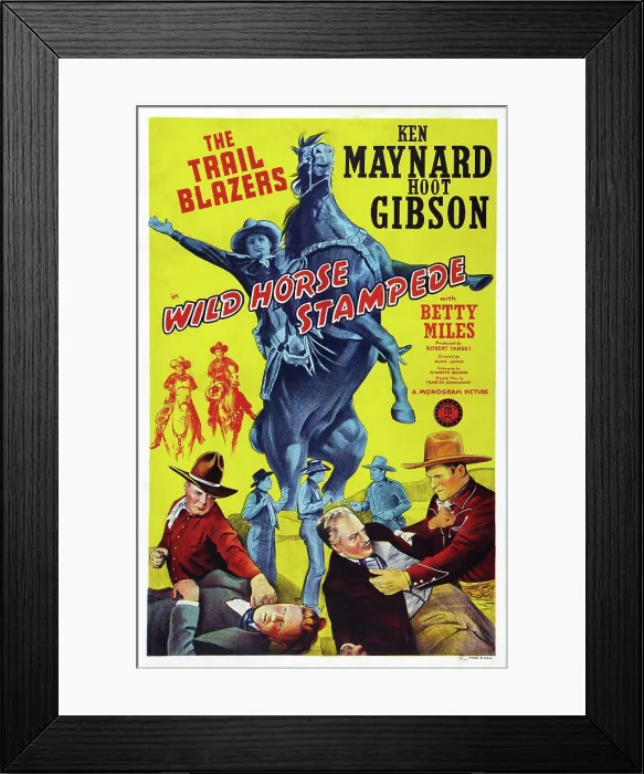 Framed Print : WILD HORSE STAMPEDE, US poster art, left: Hoot Gibson; right: Ken Maynard, 1943
