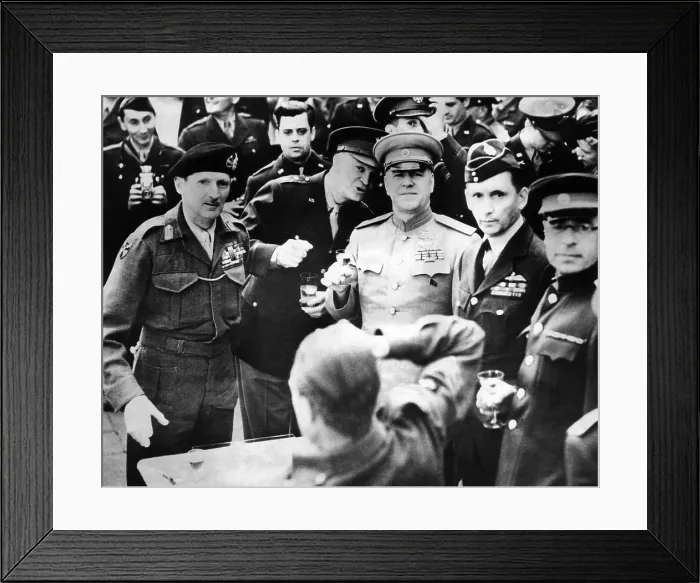 Framed Print : Allied leaders drink a victory toast at Frankfurt am Main, Germany. L-R: Field Marshall Sir Bernard Montgomery; Gen Framed Print : Allied leaders drink a victory toast at Frankfurt am Main, Germany. L-R: Field Marshall Sir Bernard Montgomery; Gen