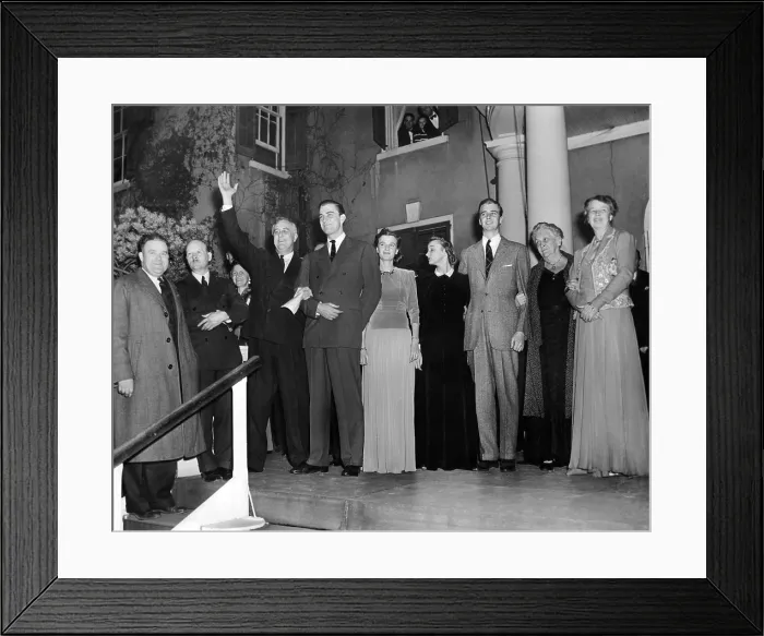 Framed Print : With friends and his family President Franklin Roosevelt waves to his Dutchess County neighbors, after it was certain he won election to his third term Framed Print : With friends and his family President Franklin Roosevelt waves to his Dutchess County neighbors, after it was certain he won election to his third term