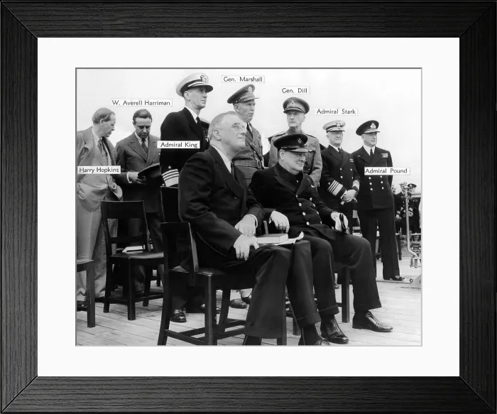 Framed Print : The Atlantic Conference, Franklin Roosevelt & Churchill with their chief advisors aboard H.M.S. Prince of Wales, Aug. 12, 1941 Framed Print : The Atlantic Conference, Franklin Roosevelt & Churchill with their chief advisors aboard H.M.S. Prince of Wales, Aug. 12, 1941