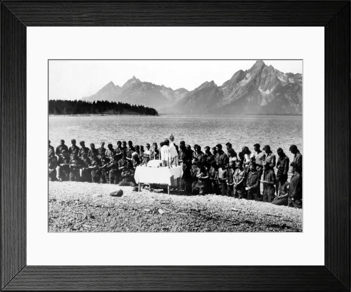Framed Print : Great Depression, CCC (Civilian Conservation Core) attend Religious service, Wyoming. 09 / 13 / 1933.. Courtesy: CSU Archives  /  Everett Collection