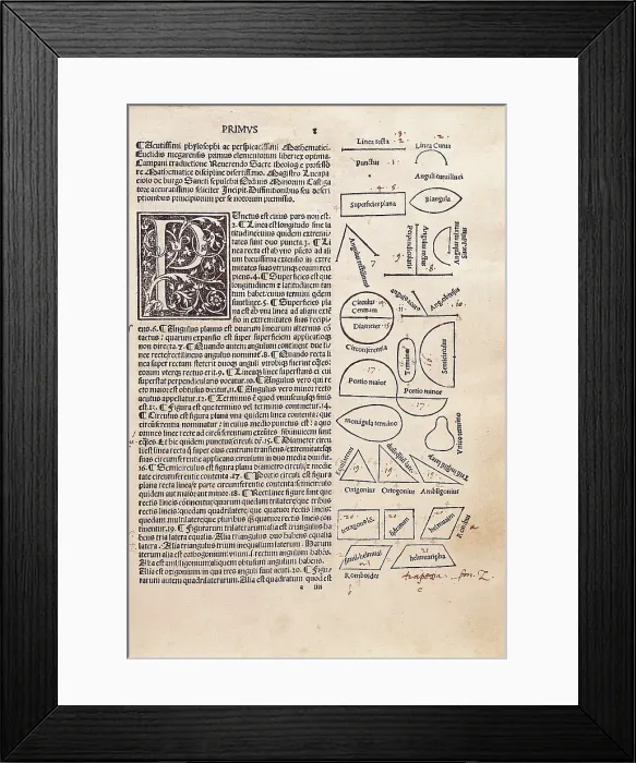 Framed Print : EUCLID (c. 300 BC). Printed page from Euclid's first book 'Elements'. Edition of Leonardo de Basilea and Guillermo de Pavia, 1491. SPAIN. Barcelona Framed Print : EUCLID (c. 300 BC). Printed page from Euclid's first book 'Elements'. Edition of Leonardo de Basilea and Guillermo de Pavia, 1491. SPAIN. Barcelona