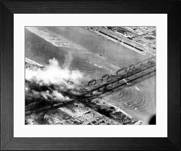 Framed Print : Korean War: U.S. Bombers attack Korean side of Sinuiji Bridge, Korea, 11-29-50.. Courtesy: CSU Archives / Everett Collection Framed Print : Korean War: U.S. Bombers attack Korean side of Sinuiji Bridge, Korea, 11-29-50.. Courtesy: CSU Archives / Everett Collection