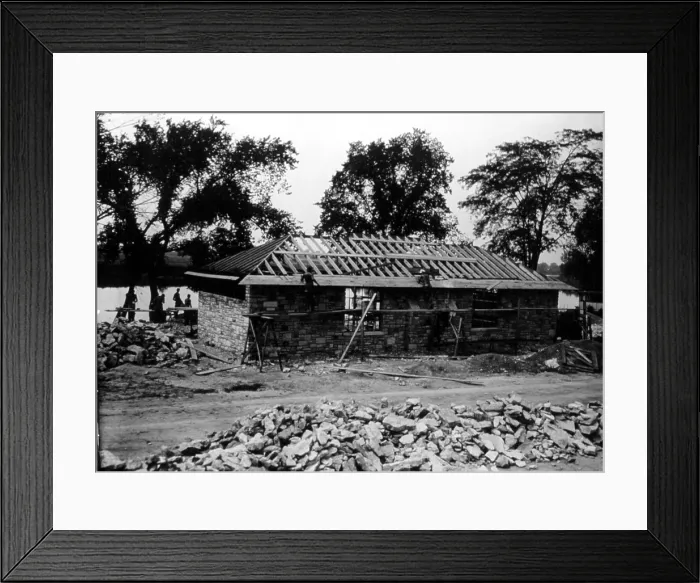 Framed Print : Great Depression, CCC (Civilian Conservation Core). Workers construct a sandstone and limestone house on the Maumee River, 1934.. Courtesy: CSU Archives / Everett Collection Framed Print : Great Depression, CCC (Civilian Conservation Core). Workers construct a sandstone and limestone house on the Maumee River, 1934.. Courtesy: CSU Archives / Everett Collection