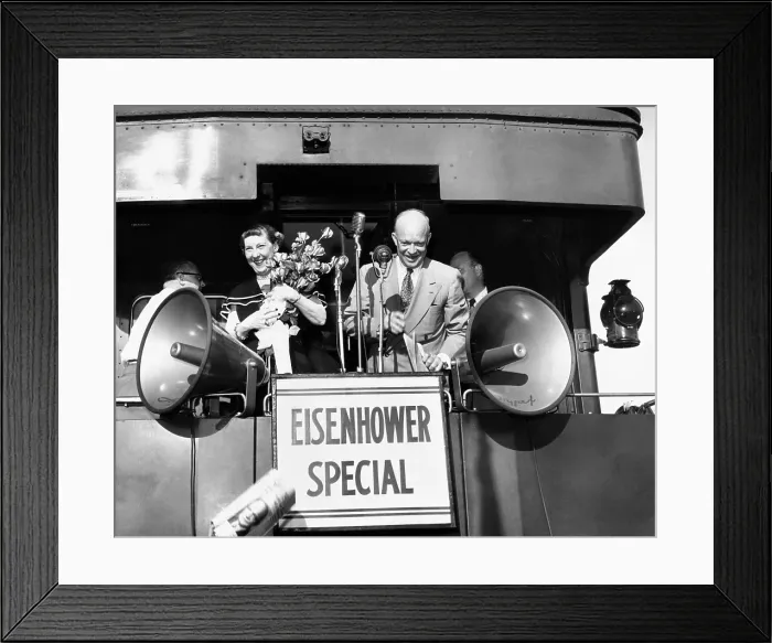 Framed Print : Republican candidate for president Dwight Eisenhower and his wife campaigning on the Eisenhower Special during 1952 election. Nov. 3, 1952