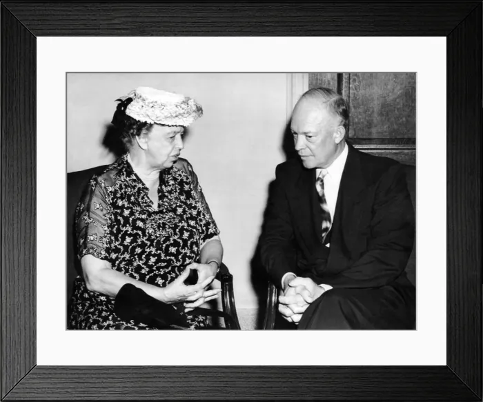 Framed Print : Eleanor Roosevelt chats with Columbia University President, Dwight D. Eisenhower. She was there to deliver a lecture, Human Rights. A World View. July 9, 1948 Framed Print : Eleanor Roosevelt chats with Columbia University President, Dwight D. Eisenhower. She was there to deliver a lecture, Human Rights. A World View. July 9, 1948