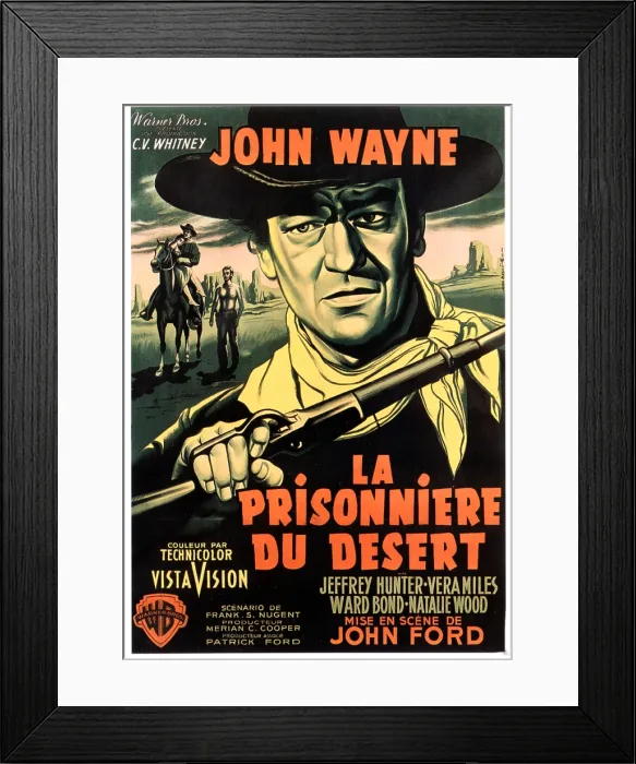 Framed Print : THE SEARCHERS, (aka LA PRISONNIERE DU DESERT), Natalie Wood, John Wayne, Jeffrey Hunter, on French poster art, 1956 Framed Print : THE SEARCHERS, (aka LA PRISONNIERE DU DESERT), Natalie Wood, John Wayne, Jeffrey Hunter, on French poster art, 1956