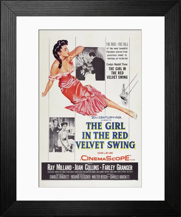 Framed Print : THE GIRL IN THE RED VELVET SWING, US poster art, bottom left insert: Farley Granger, Joan Collins; top right insert: Ray Milland, Farley Granger, 1955 Framed Print : THE GIRL IN THE RED VELVET SWING, US poster art, bottom left insert: Farley Granger, Joan Collins; top right insert: Ray Milland, Farley Granger, 1955