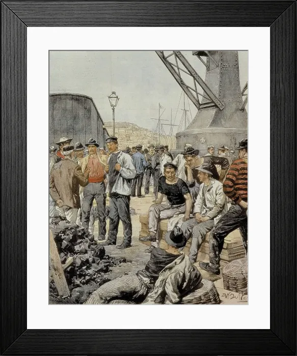 Framed Print : Italy (1906). Coal miners on strike in La Spezia Harbour. Illustration by Achille Beltrame, 'La Domenica del Corriere'. Etching. AISA / Everett Collection**US SALES ONLY** Framed Print : Italy (1906). Coal miners on strike in La Spezia Harbour. Illustration by Achille Beltrame, 'La Domenica del Corriere'. Etching. AISA / Everett Collection**US SALES ONLY**