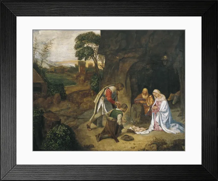 Framed Print : GIORGIONE, pupil of (15th-16th century). Adoration of the Shepherds (Adorazione dei pastori). ca. 1504. Renaissance art. Cinquecento. Venetian school. Oil on wood. AUSTRIA
