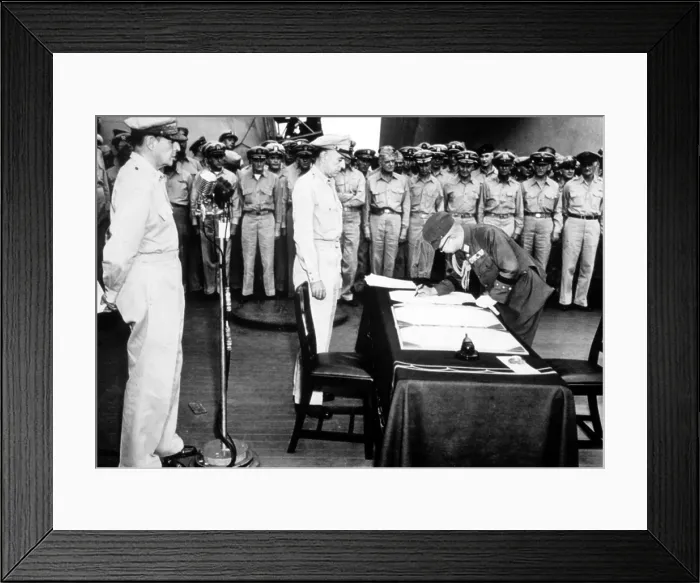 Framed Print : World War II, Douglas MacArthur(left), Admiral Nimitz, Japan's General Yoshira Umeza signs surrender papers, 09 / 04 / 1945.. Courtesy: CSU Archives / Everett Collection Framed Print : World War II, Douglas MacArthur(left), Admiral Nimitz, Japan's General Yoshira Umeza signs surrender papers, 09 / 04 / 1945.. Courtesy: CSU Archives / Everett Collection