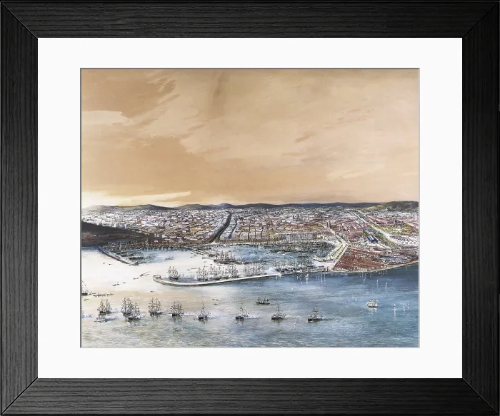 Framed Print : Spain (1888). Barcelona. Port of the city with the squadrons inspected by the queen Mara Cristina on occasion of the Universal Exhibition. Work by Antonio P. Caula. Painting