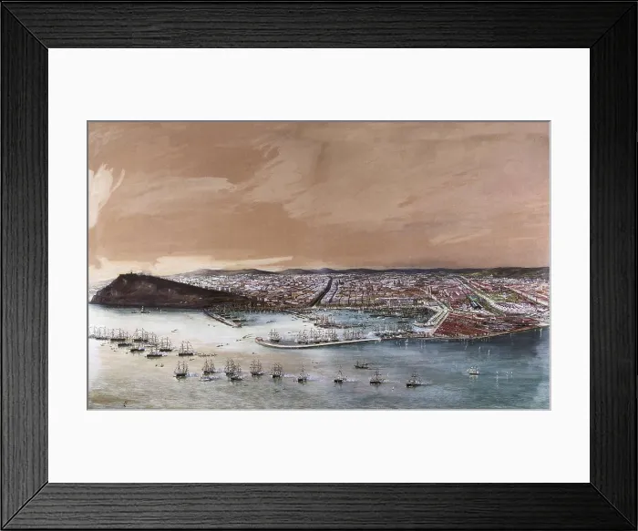 Framed Print : Spain (1888). Barcelona. City harbour with the squadrons reviewed by queen Mara Cristina in the occasion of the Universal Exhibition. Work by Antonio P. Caula. Painting. SPAIN