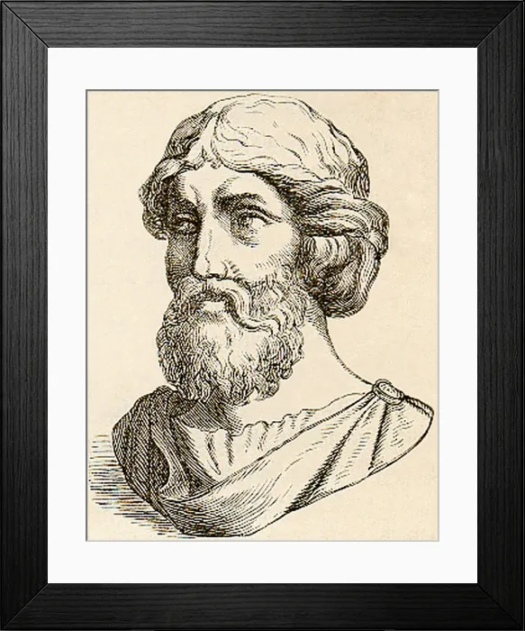 Framed Print : PYTHAGORAS, printed engraving of the 6th century BC mathematician and philosopher, born 569 BC in Samos, Ionia (Italy), died around 475 BC Framed Print : PYTHAGORAS, printed engraving of the 6th century BC mathematician and philosopher, born 569 BC in Samos, Ionia (Italy), died around 475 BC