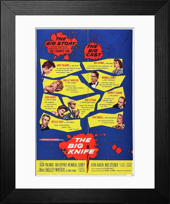 Framed Print : THE BIG KNIFE, US poster, top row from left: Jack Palance, Ida Lupino, second row from top: Shelley Winters, Wendell Corey, third row: Jean Hagen, Rod Steiger, Everett Sloane Framed Print : THE BIG KNIFE, US poster, top row from left: Jack Palance, Ida Lupino, second row from top: Shelley Winters, Wendell Corey, third row: Jean Hagen, Rod Steiger, Everett Sloane