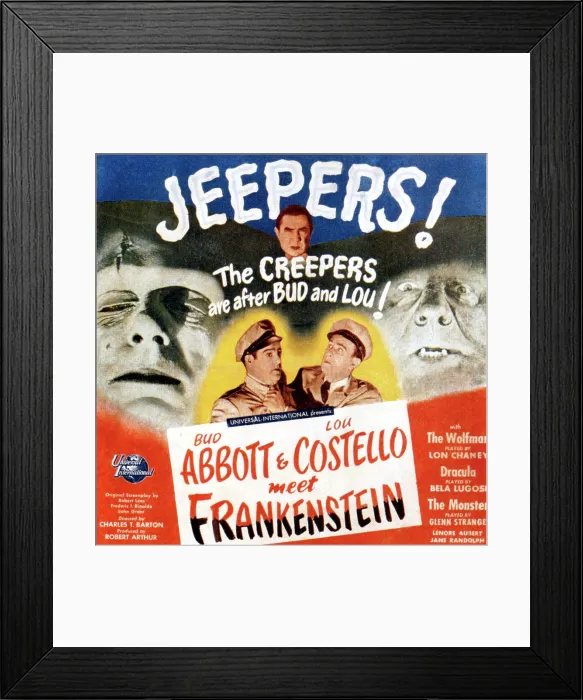 Framed Print : BUD ABBOTT & LOU COSTELLO MEET FRANKENSTEIN, Glenn Strange, Bela Lugosi (back), Lou Costello, Bud Abbott, Lon Chaney Jr. 1948