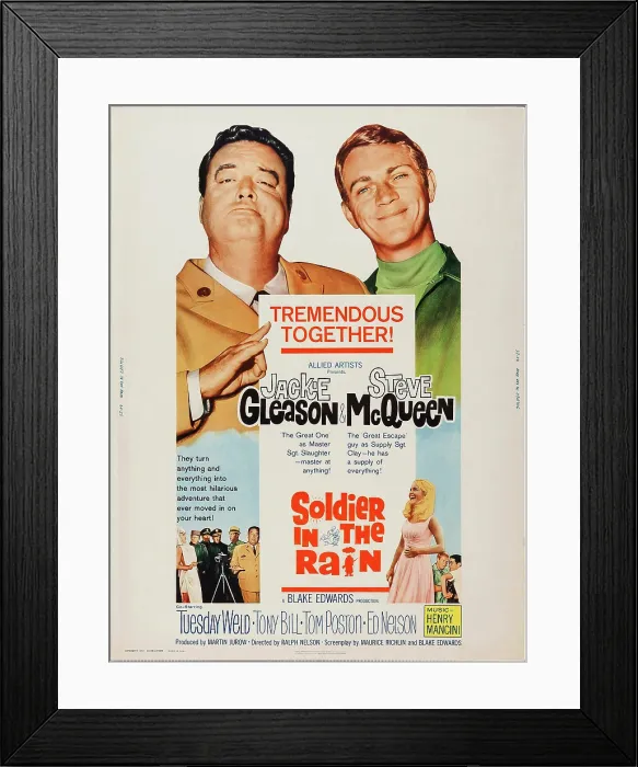 Framed Print : SOLDIER IN THE RAIN, top from left: Jackie Gleason, Steve McQueen, Tuesday Weld (botton right), 1963 Framed Print : SOLDIER IN THE RAIN, top from left: Jackie Gleason, Steve McQueen, Tuesday Weld (botton right), 1963